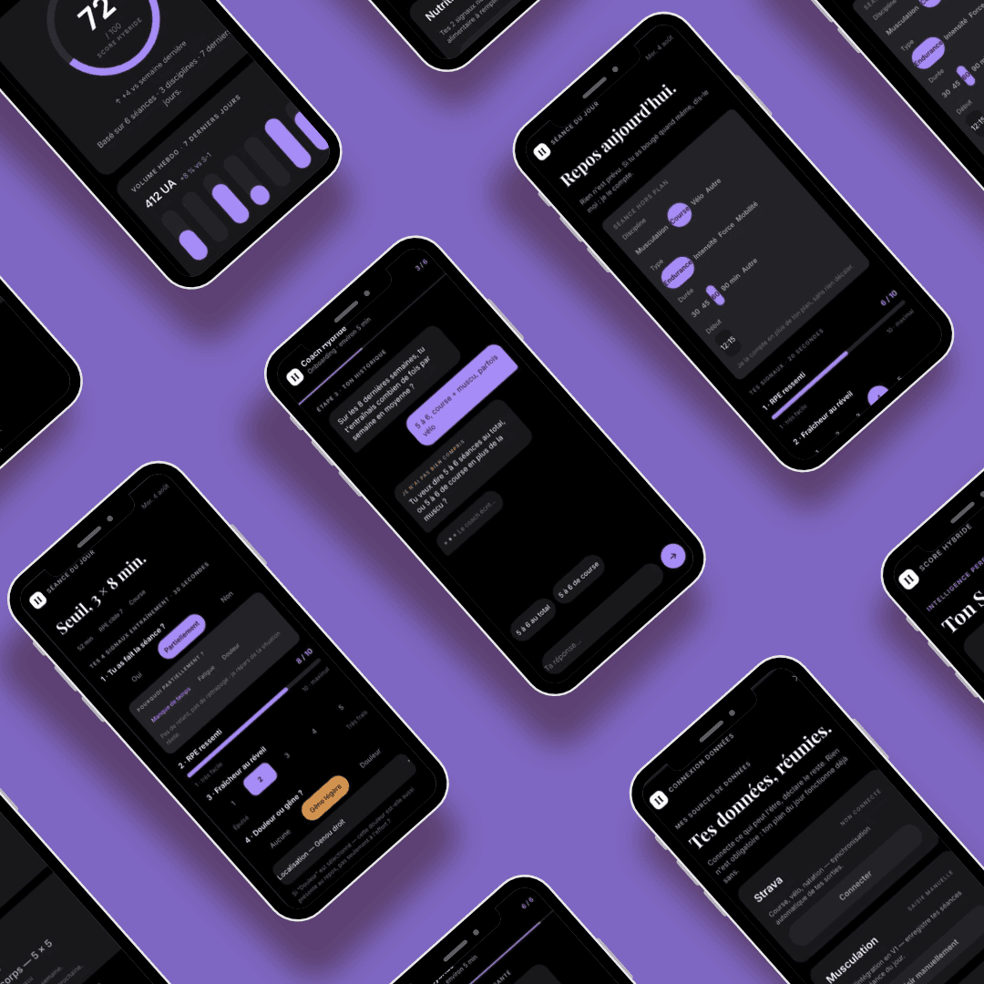 Plusieurs écrans de l'application Hybride disposés en diagonale sur fond violet